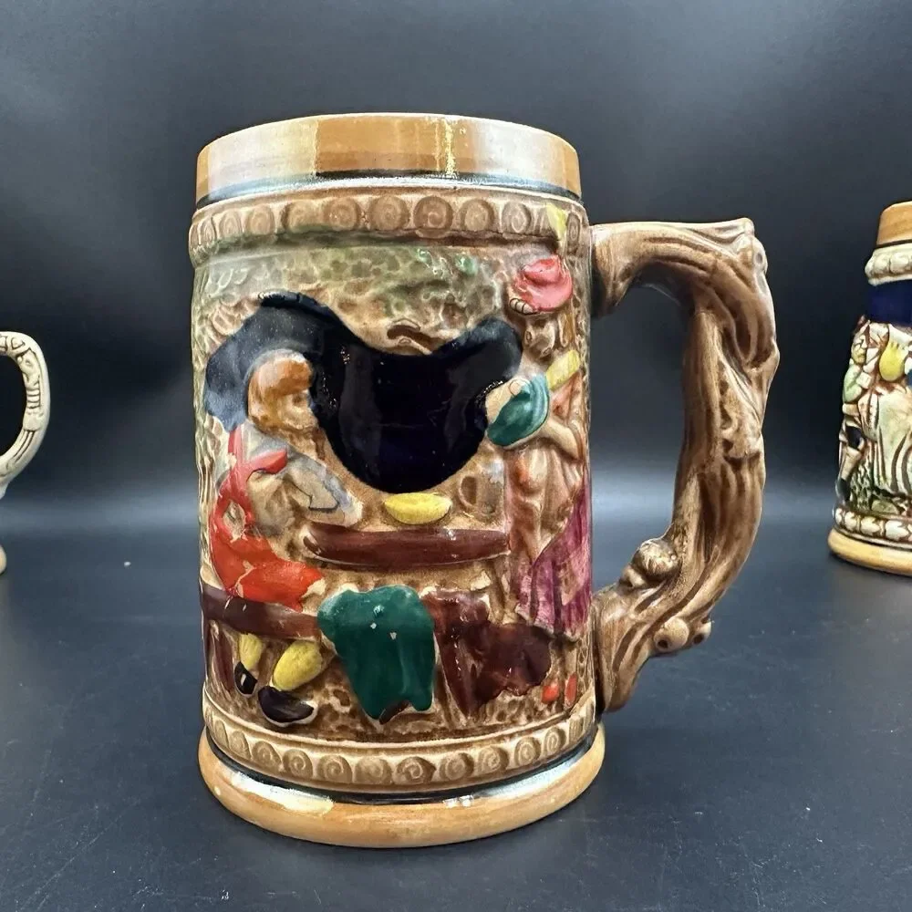 Vintage Mini Beer Steins Set of 3 Bavarian Tavern Monks Relief Ceramic Barware